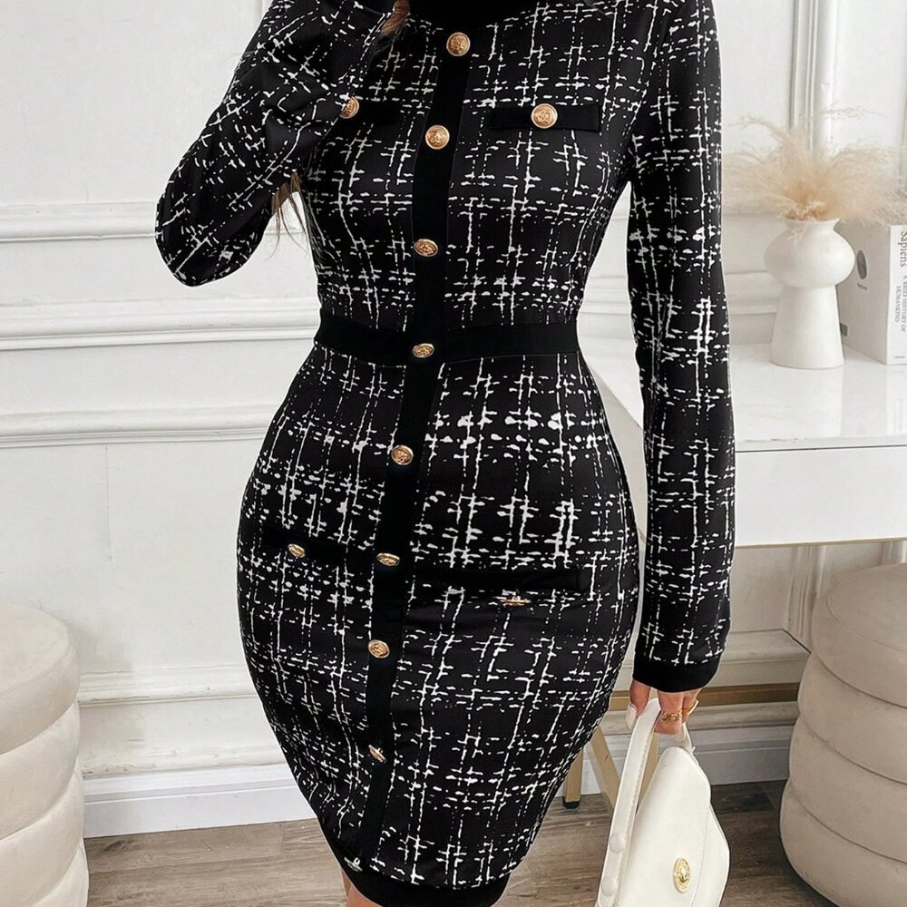 Black Elegant Women's Plaid Crew Neck Long Sleeve Button Design Work Midi Dress - Picture 3 of 7